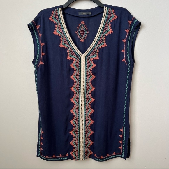 THML Sleeveless Embroidered Oversized Tunic V-Neck Side Slit Boho Navy Multi XS - Picture 1 of 8